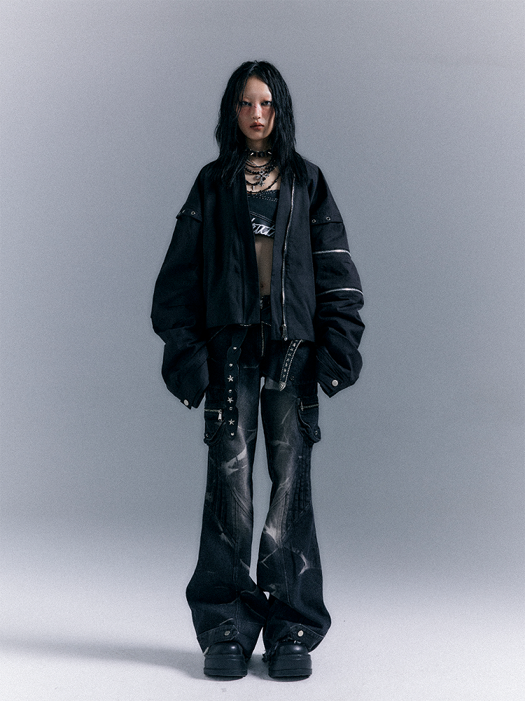 Washed Zippered Flare Black-Grey Studs Jeans Pockets Punk With