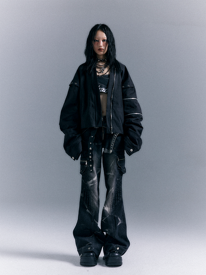 Washed Zippered Flare Black-Grey Studs Jeans Pockets Punk With