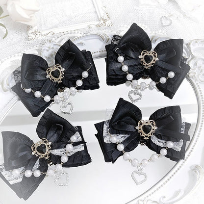 Jirai Kei Sweetheart Beaded Chain and Rhinestone Adorned Bowknot Hairclips