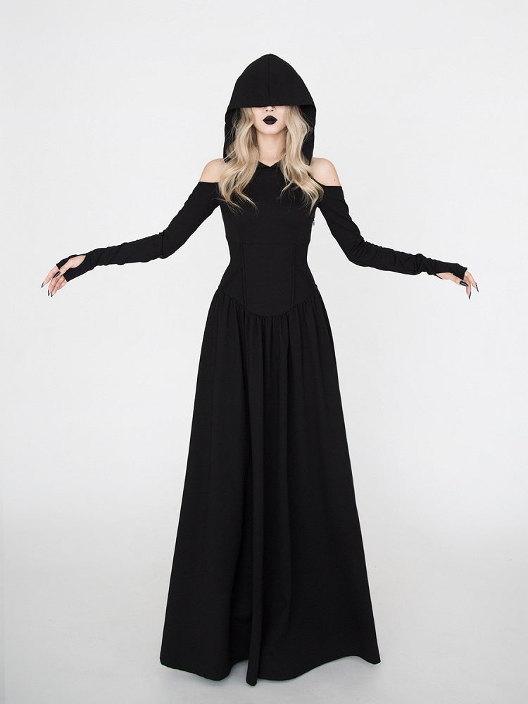 Gothic Black Cutout Shoulder Wasteland Punk Hooded Dress