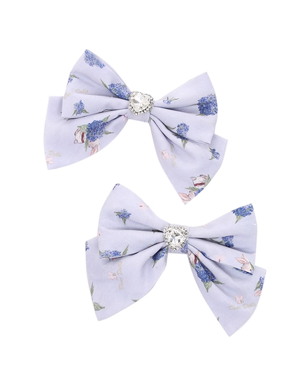 Heart Rhinestone Light Purple Hydrangea Print Bow Hairclips