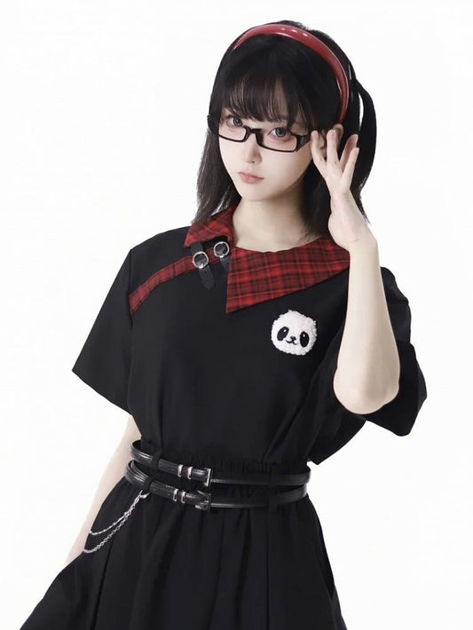 T-Shirt with Panda Straps Plushie Red Plaid Collar Black Buckle