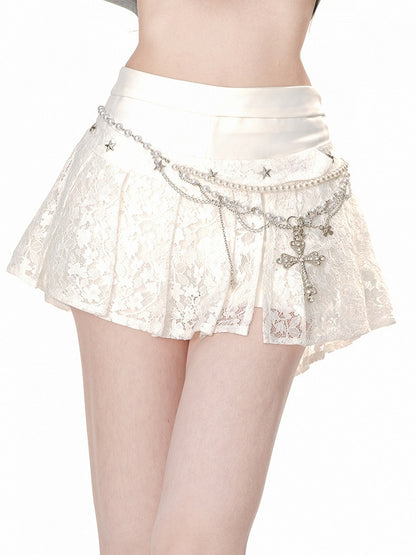 Pleated White Mini Skirt Lace
