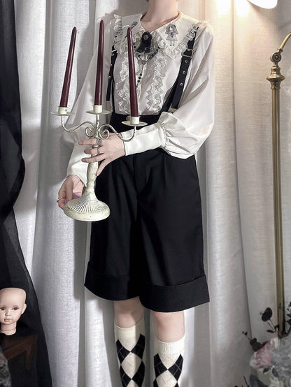 Black High Waist Ouji Lolita Straight-leg Cut Overall Shorts