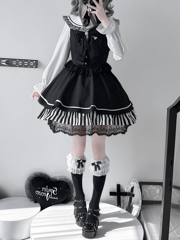 Black Jirai Kei Sailor Collor Blouse High Waist Lace Trim Overall Dress Set