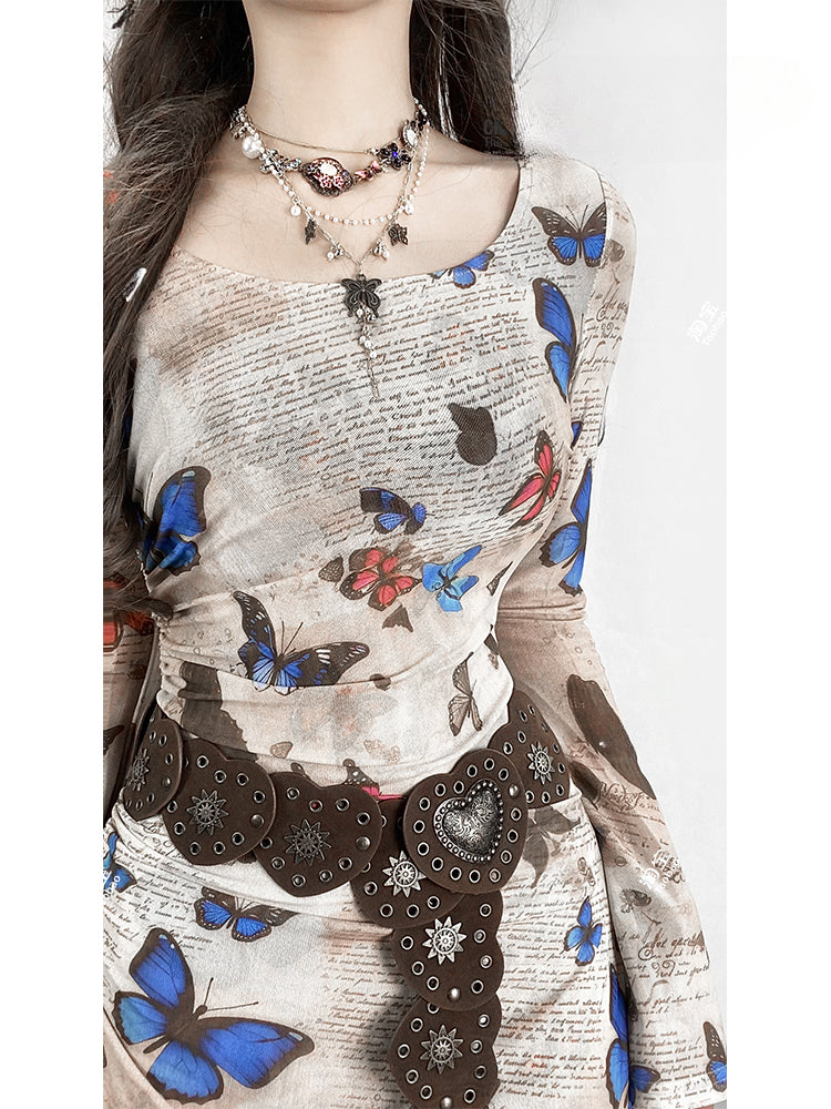 Millard Fashion Vintage Light Coffee Round Neck Butterfly Gathering Details Dress