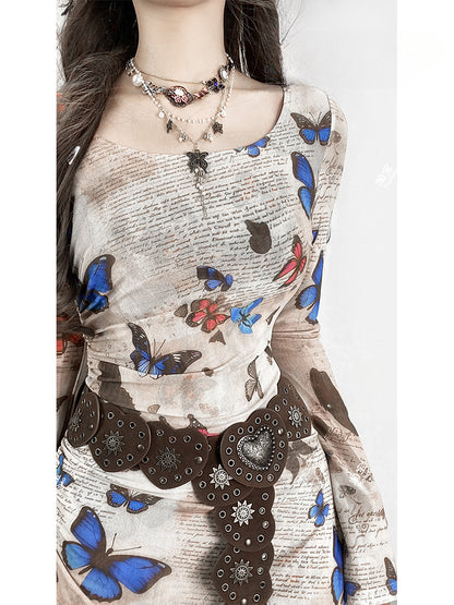 Millard Fashion Vintage Light Coffee Round Neck Butterfly Gathering Details Dress