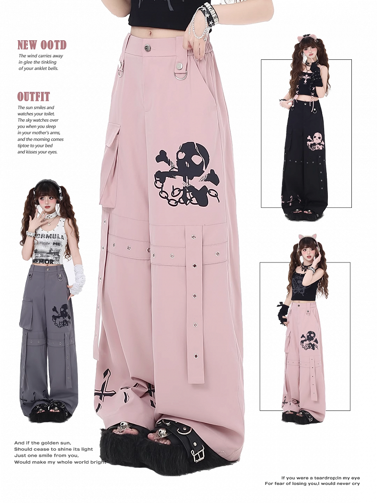 Cargo Skeleton Pockets and Cross Print Black/Grey/Pink Wide-Leg Pants