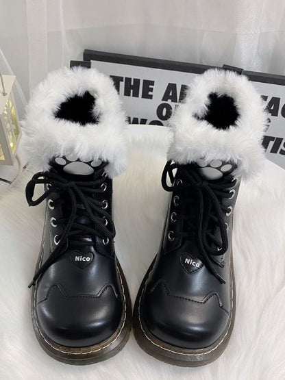 Black Cat Paw Heart Buckle Plush Lolita Winter Martin Boots
