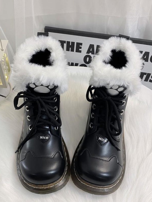 Black Cat Paw Heart Buckle Plush Lolita Winter Martin Boots