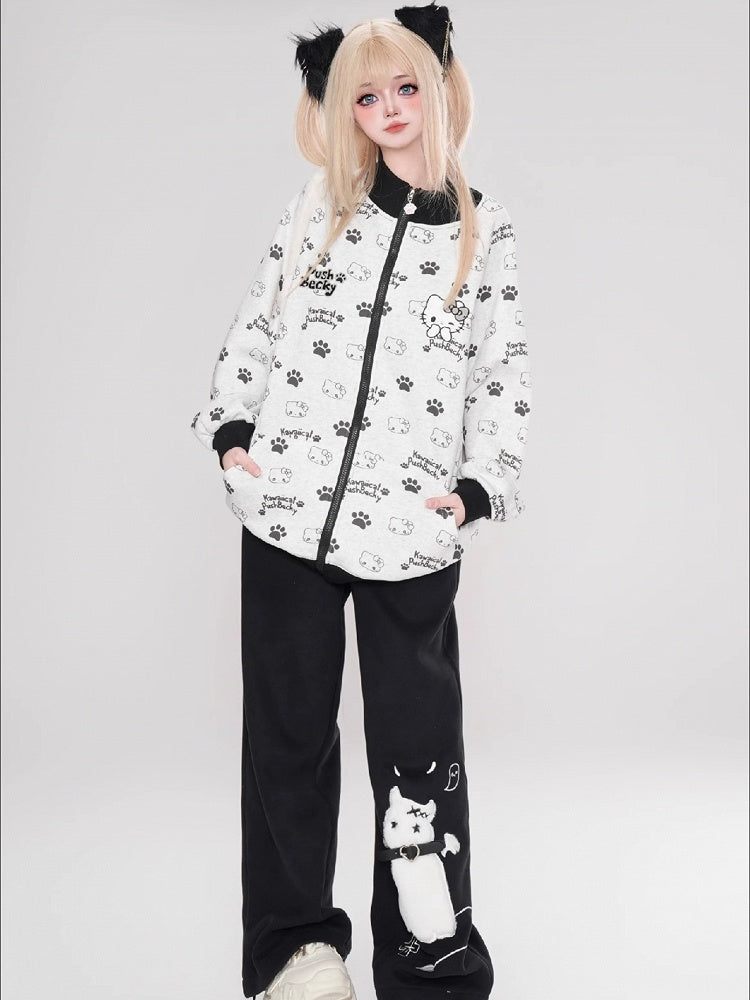 Black/Pink/Light Blue Kitties Allover Zip Closure Sweatshirt