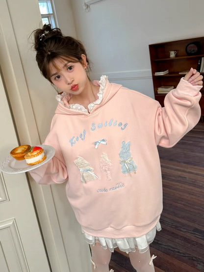 Pink Cute Crocheted Bunnies Details Fleece Lined Hoodie