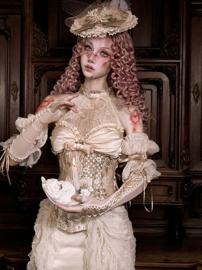 Neck Rococo Top Accents Cascading Detachable Illusion Ruffle Halter Corset with Lace