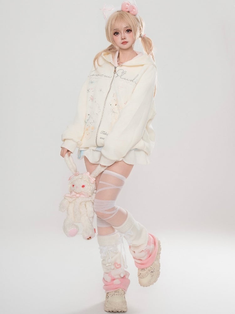 Grey/White Cartoon Animal Print Spring Zip Hoodie