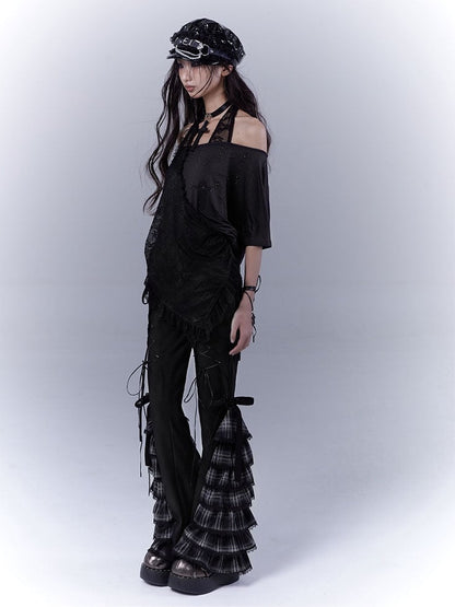 Black Lace-up Front Tiered Plaid Cuffs Slim-fitting Pants