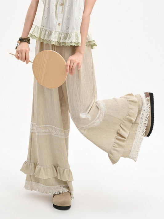 Ruffled Khaki Flax Tassel Cuffs Trim Drawstring Regular/Short Waist Wide-Leg Pants Version