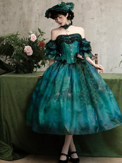 Jupe en tulle imprimé peinture à l'huile Green Forest Fairy Lolita avec pince à cheveux florale