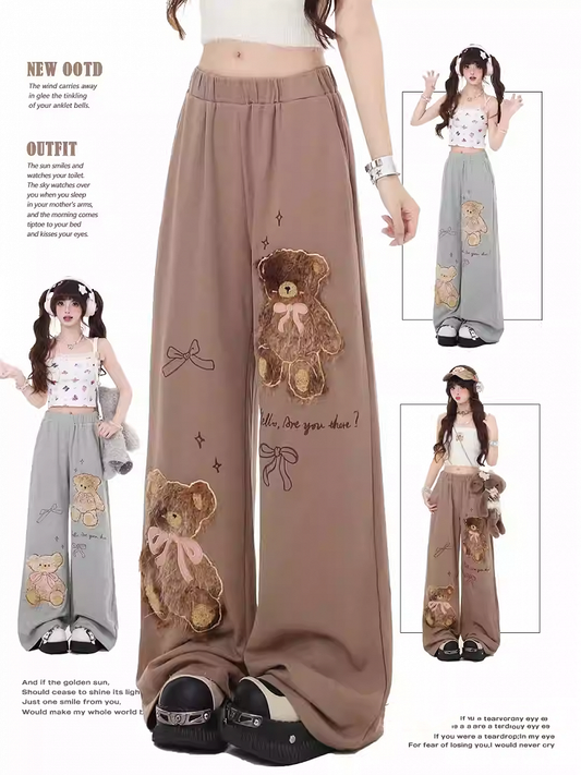 Coffee/Gray Plush Teddy Bear Applique Straight-Leg Pants