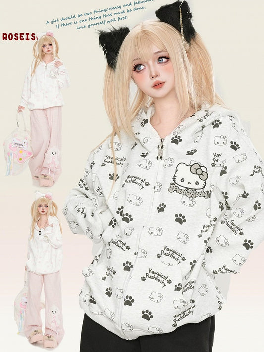 Black/Pink/Light Blue Kitties Allover Print Zip Hoodie