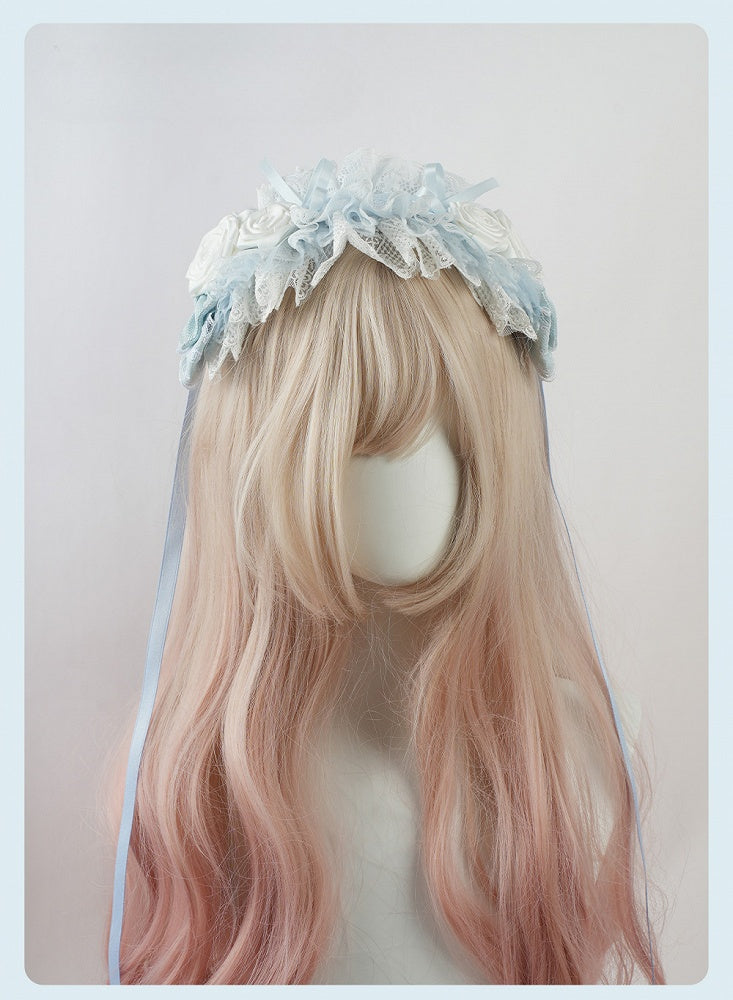 Serre-tête Lolita bleu à volants et bordure en dentelle florale et nœud