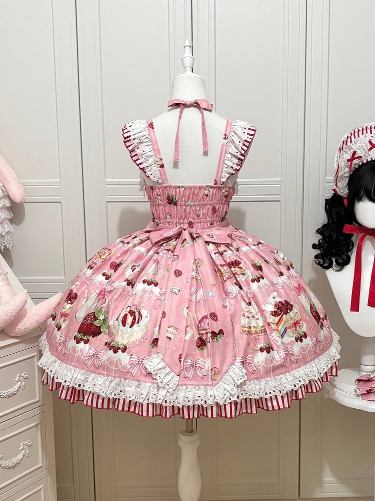 Bows Sweet Skirt and Dessert Lolita Jumper Print Strawberry Pink