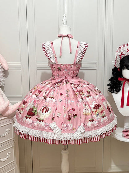 Bows Sweet Skirt and Dessert Lolita Jumper Print Strawberry Pink