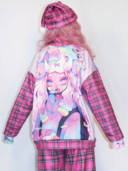 Oversized Sweatshirt With Cartoon And Plaid Print Gyaru Rose Fashion Red