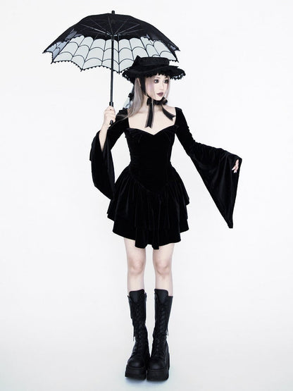 Gothic Black Velvet Bell Sleeves  Tiered Skirt Witch Dress
