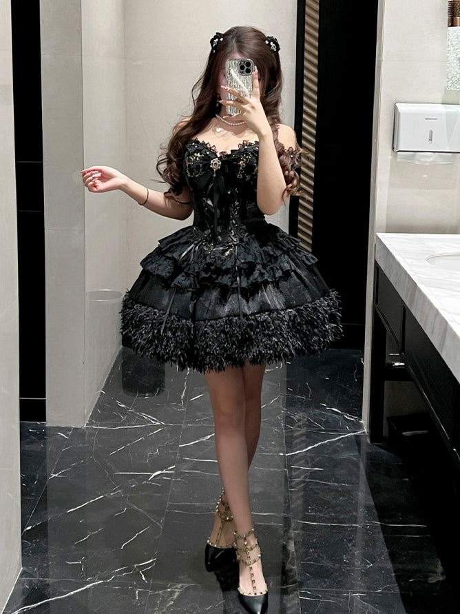 Black and Gold Strapless Sweetheart Neckline Corset Top + Shimmering Black Sequins Skirt