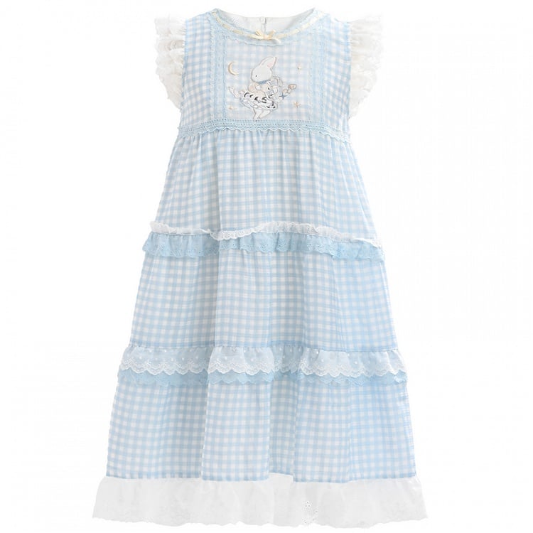 Sleeveless Dress Blue Plaid Tiered Flutter Bunny Embroidery Lace Sleeves Skirt Trim