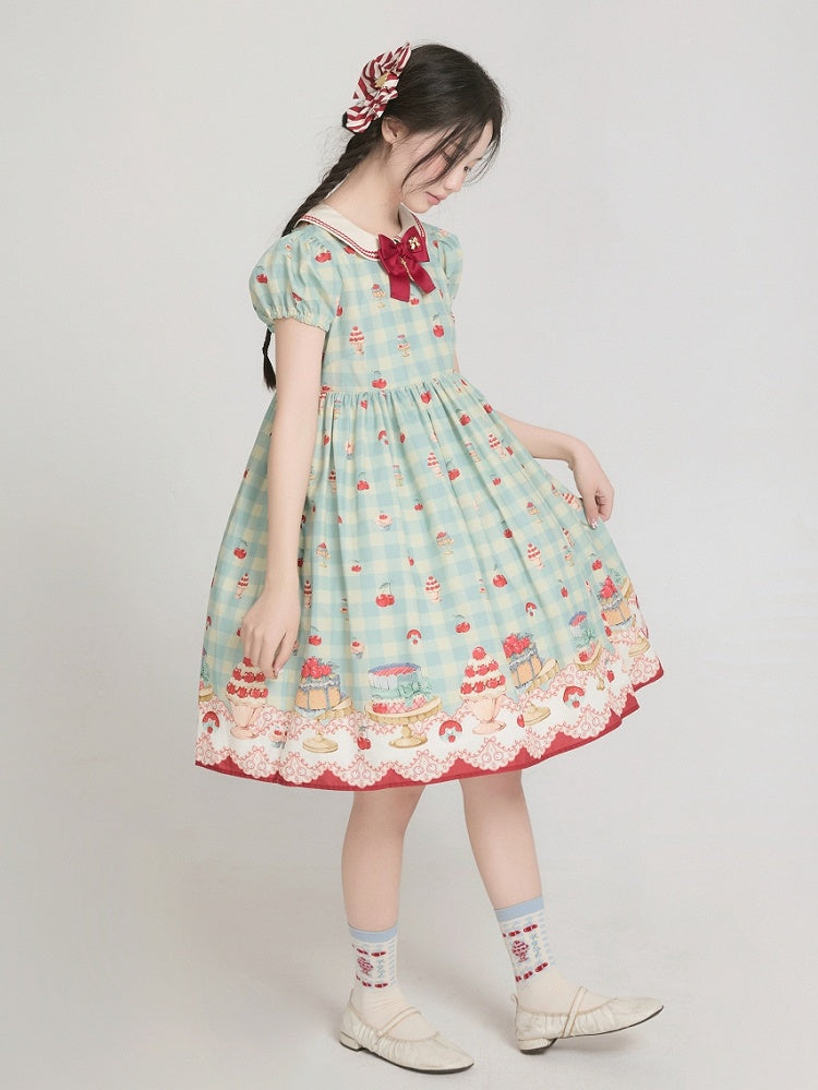 Robe Sweet Lolita vichy taille haute vert menthe à imprimé cerises et desserts