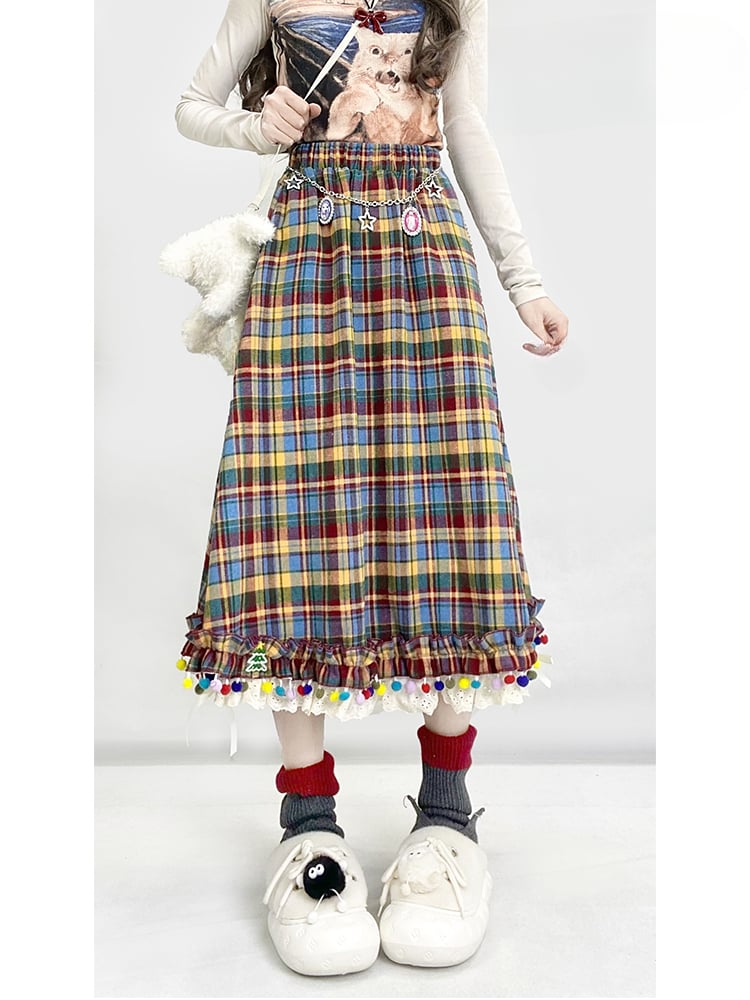 Rainbow Plaid Pompons Hem Midi Length Vintage Skirt