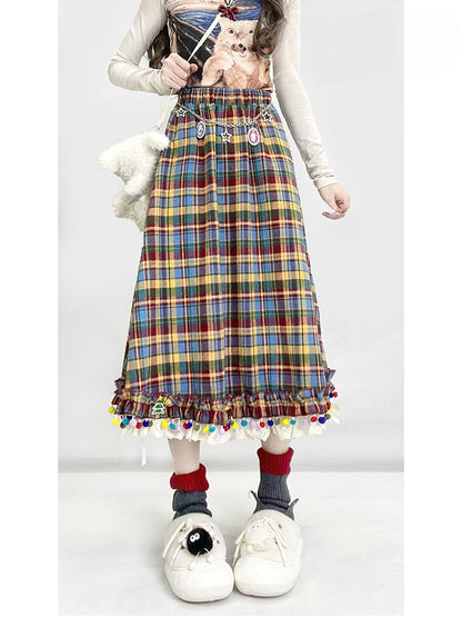 Rainbow Plaid Pompons Hem Midi Length Vintage Skirt