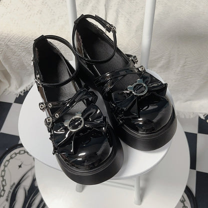 Y2K Polished Black Bear Bowknot Buckle Strap Punk Platform Shoes