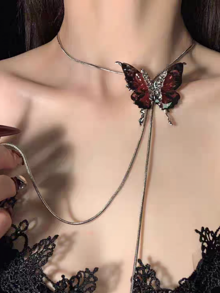 Collier Y2K avec cordon de serrage et strass papillon rouge rose/bleu foncé