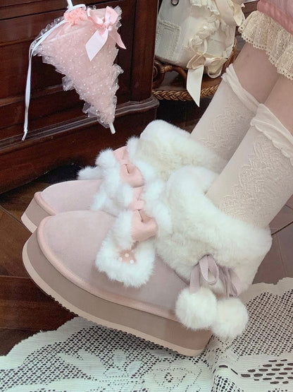 Sweet Winter Polka Boots - Platform Ears Rabbit Plush Lolita Pink Dot