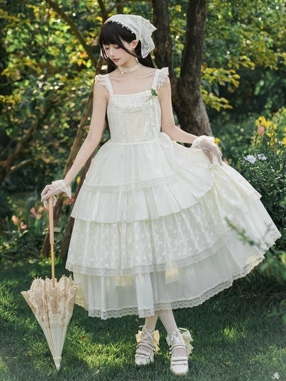 Butterfly Skirt Jumper Lolita Elegant Lace Layered Patches Creamy Dress