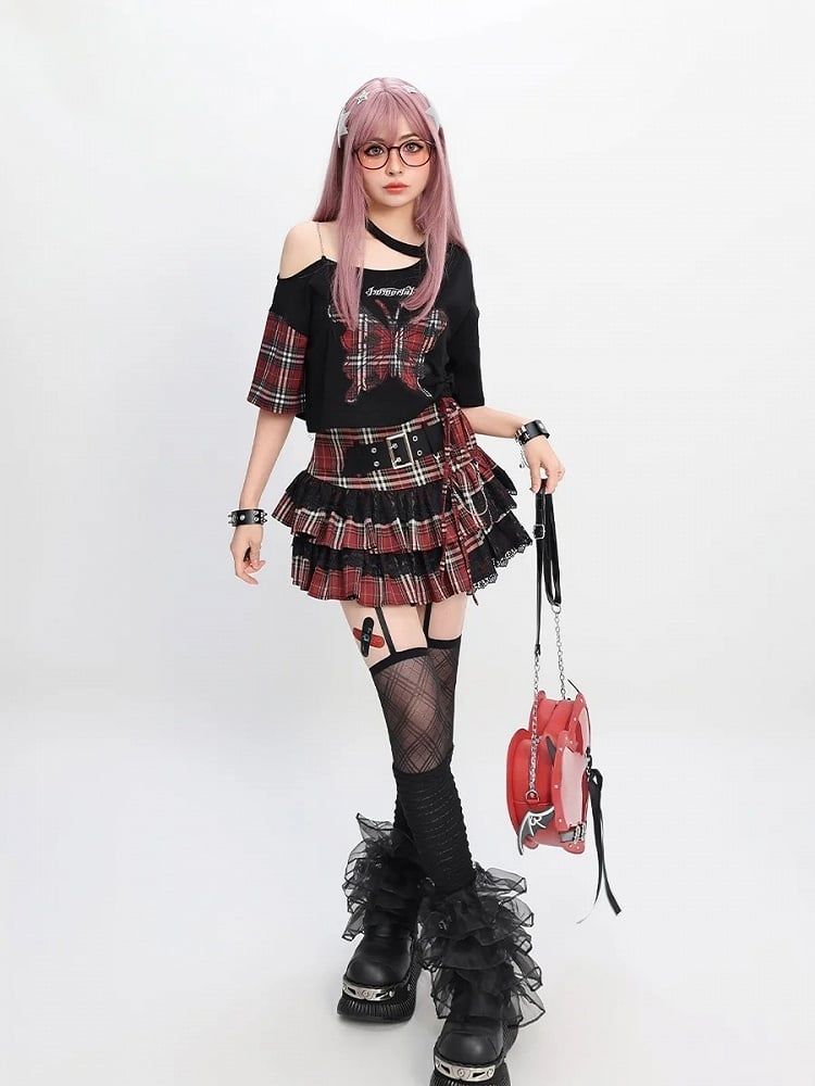 Rote Schmetterlingsapplikation Schwarz Asymmetrischer Ausschnitt T-Shirt Y2K Plaid