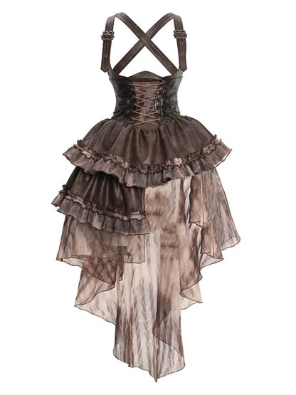 Brown Western Style Steampunk Asymmetrical Overall Dress with Detachable Train