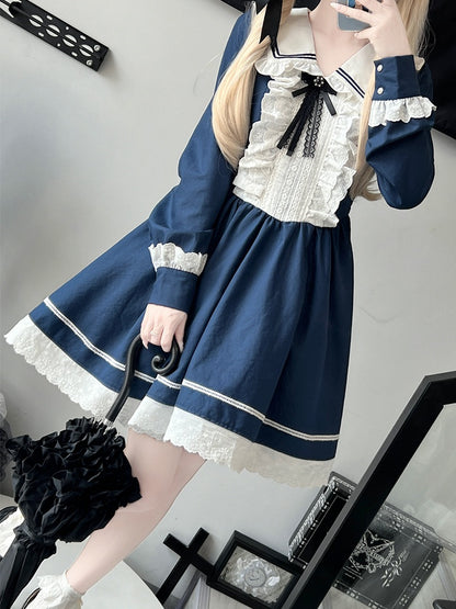 Dark Blue Long Sleeves Ruffled Trim Above Knee Dress