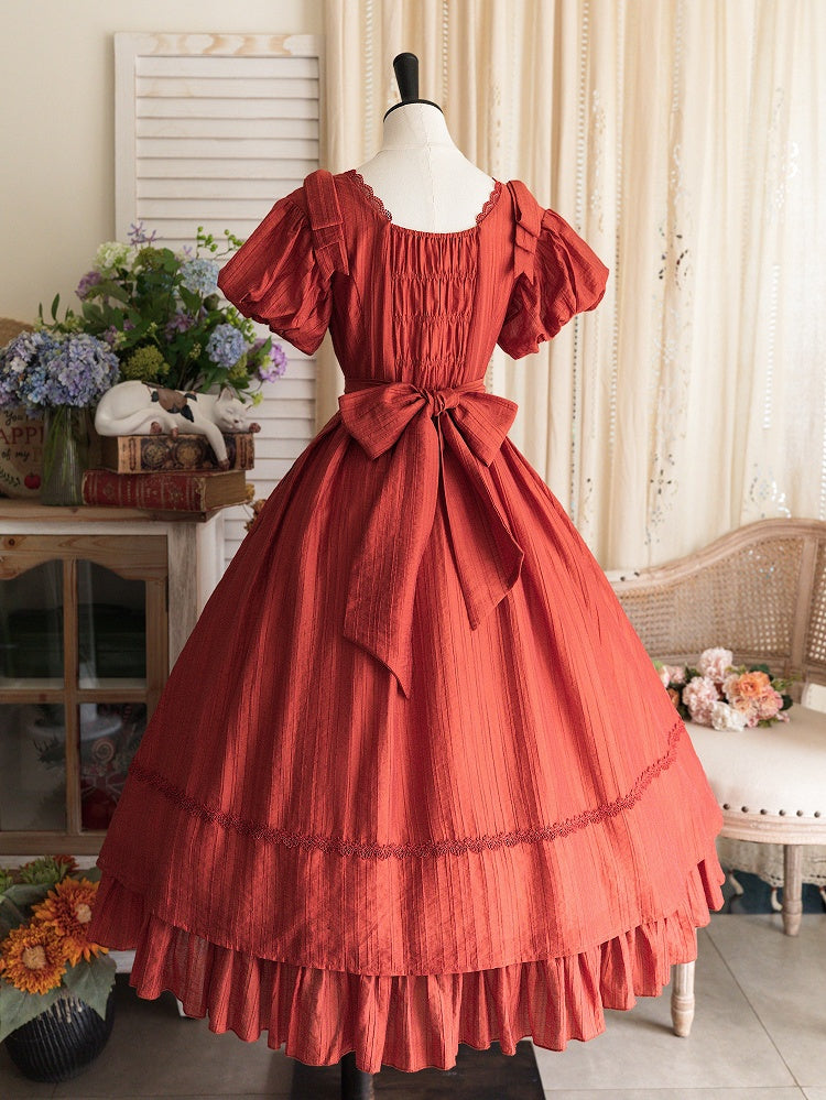 Red Puff Classic Dress Length Sleeves Tea Elegant Lolita