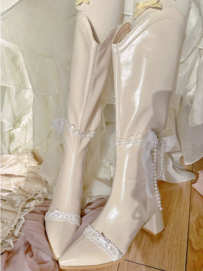 Beige Pointed Toe Laceand Beaded Chain Block Heel Knee-high Boots
