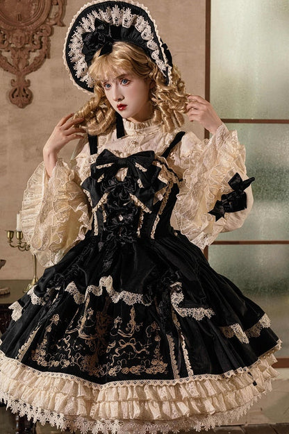 Decoration Dress JSK Velvet Candle Embroidery Lolita / Bows Black