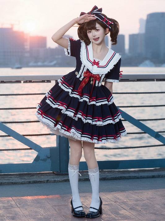 Sailor Set Lolita Navy Summer Dress Skirt Full OP Navycore Tiered Blue