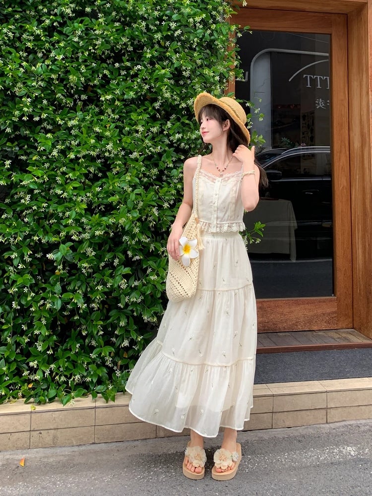 Tulle Skirt Kei Beige Elastic Waist Floral Embroidery Mori