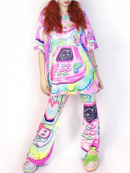 Cartoon Silhouette Pants Flare Print Y2K Colorful