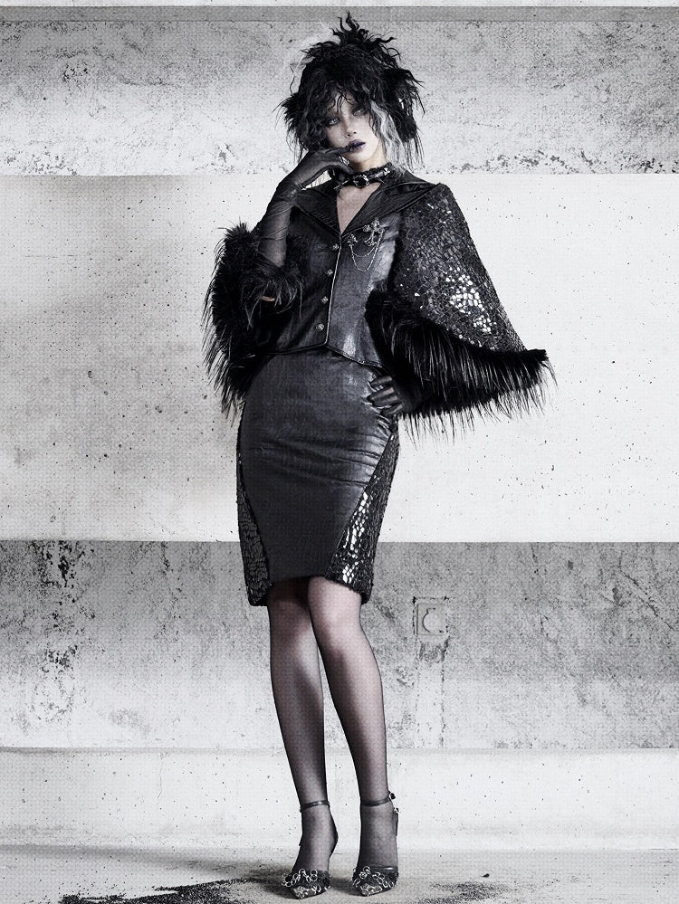 Black Cracked Skirt Goth Office Lady A-line Skirt