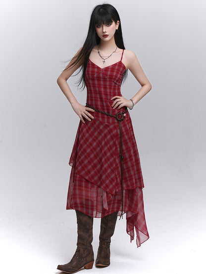 Red Plaid V-Neck Handkerchief Hem Cami Dress