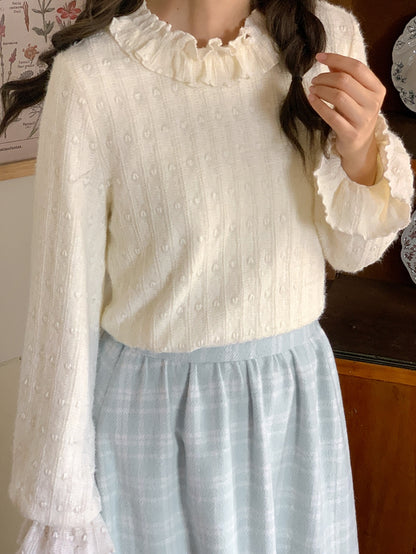 Beige Ruffle Neckline Long Sleeves Top