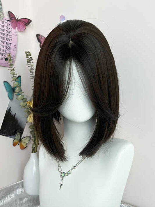 Shoulder Black Straight Wig Short Length With Bangs